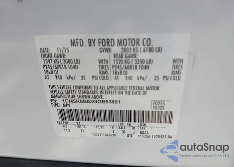 2016 Ford Explorer из США, поврежденный, VIN 1FM5K8B83GGB53891